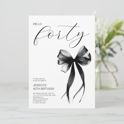 Elegant Script Hello Forty Bow 40th Birthday Party Kaart (Staand voorkant)