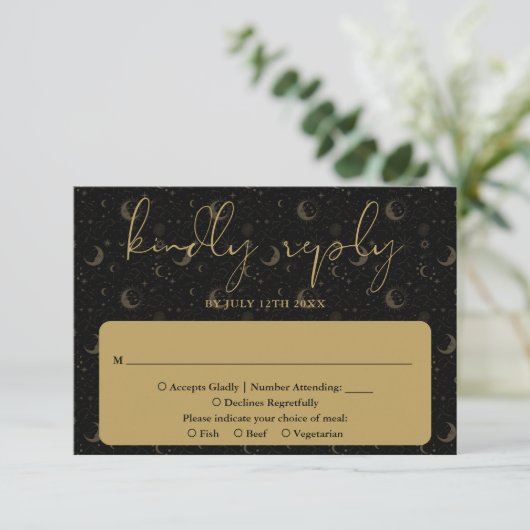 Elegant script hemelse mystieke bruiloft RSVP kaartje (Staand voorkant)