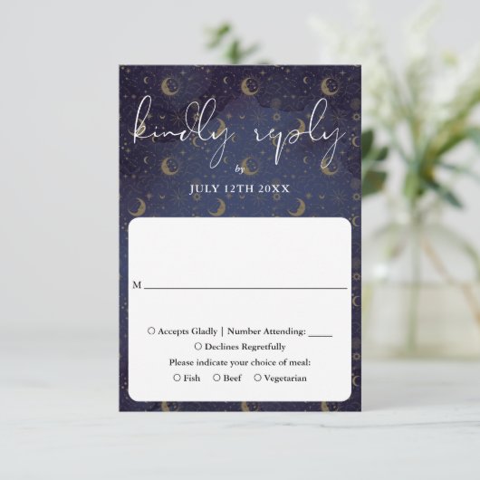 Elegant script hemelse mystieke bruiloft RSVP kaartje (Staand voorkant)