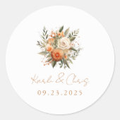 Elegant Script Herfst Bloemen Boeket Huwelijk Ronde Sticker (Voorkant)