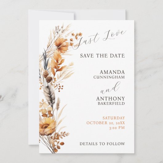 Elegant Script Herfst Herfst Bloemen Bruiloft Save The Date (Voorkant)