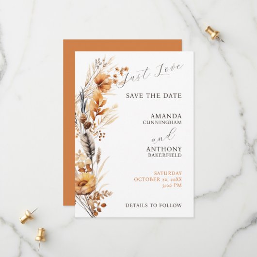 Elegant Script Herfst Herfst Bloemen Bruiloft Save The Date (Voorkant / Achterkant in situ)
