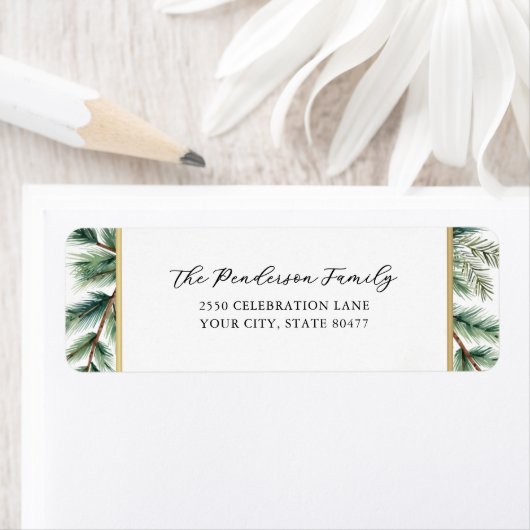 Elegant Script Holiday Pines Gold Lijst Custom Etiket (Insitu)