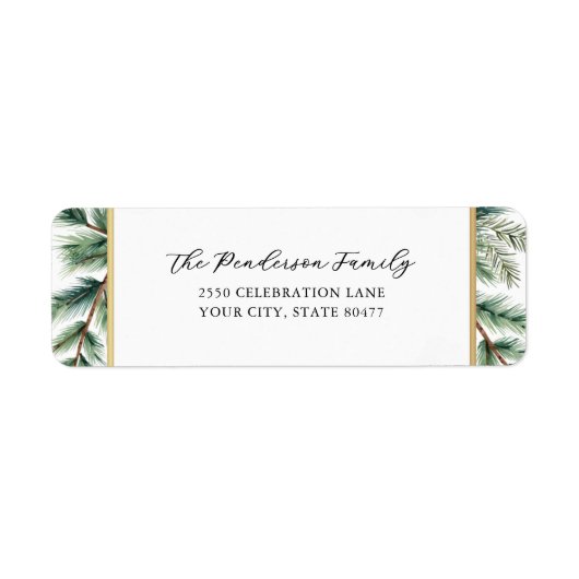 Elegant Script Holiday Pines Gold Lijst Custom Etiket (Voorkant)
