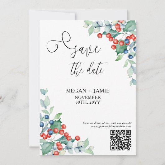 Elegant Script Holly en Winter Berries Save The Date (Voorkant)