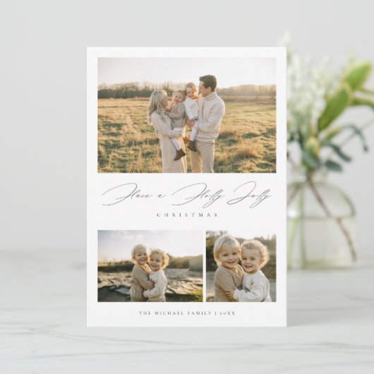 Elegant script Holly Jolly Christmas rustieke foto Feestdagenkaart (Staand voorkant)