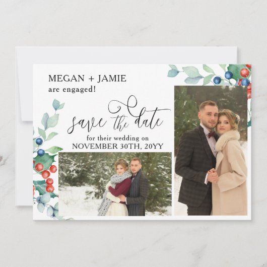 Elegant Script Holly Winter Berries 2 Foto Save The Date (Voorkant)