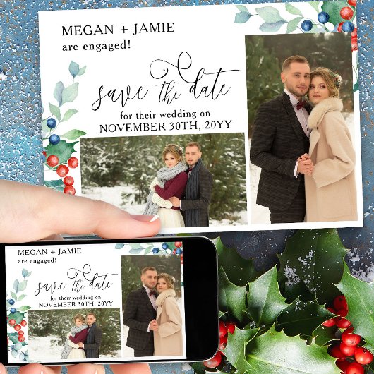 Elegant Script Holly Winter Berries 2 Foto Save The Date