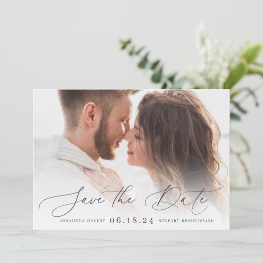 Elegant script | Horizontale foto Save The Date (Staand voorkant)