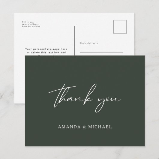 Elegant Script Hunter Green Wedding Bedankt Briefkaart (Voorkant / Achterkant)