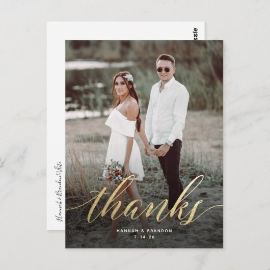 Elegant Script in Gold Wedding Bedankt Post Kaart (Voorkant / Achterkant)