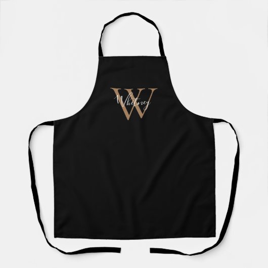 Elegant Script Initiaal Black Gold Monogram Apron Schort (Voorkant)