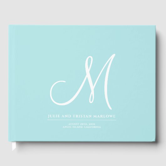 Elegant Script Initiaal Bruiloft Monogram Aqua Gastenboek (Voorkant)