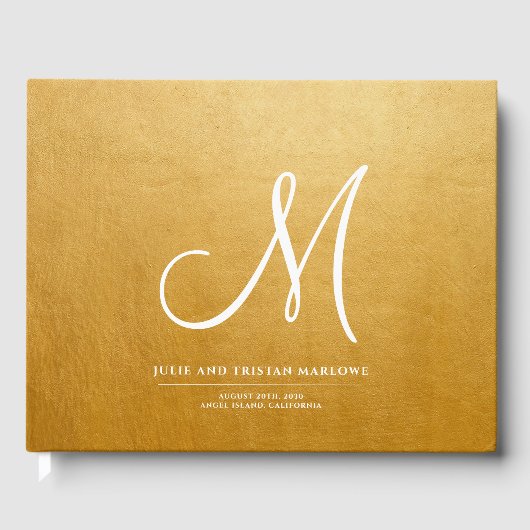 Elegant Script Initiaal Bruiloft Monogram Goud Gastenboek (Voorkant)