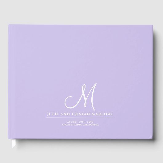 Elegant Script Initiaal Bruiloft Monogram Lavendel Gastenboek (Voorkant)