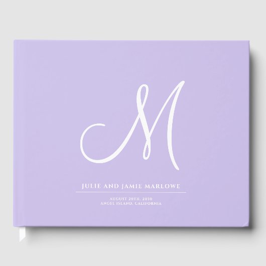 Elegant Script Initiaal Bruiloft Monogram Lavendel Gastenboek (Voorkant)