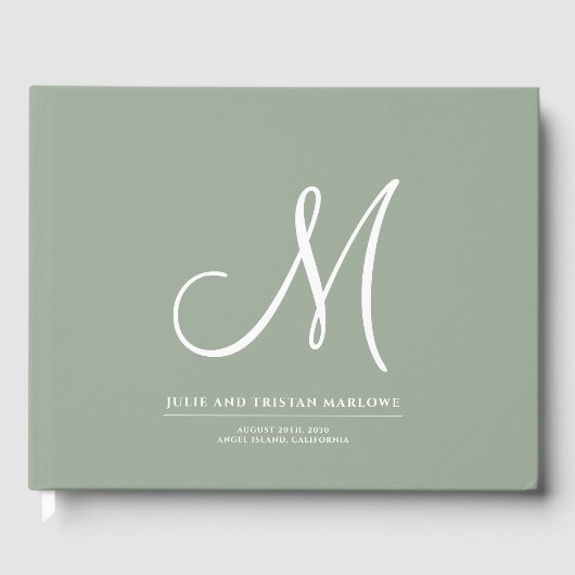 Elegant Script Initiaal Bruiloft Monogram Sage Gro Gastenboek (Voorkant)