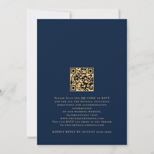 Elegant Script Initialen Navy Gold QR Code Weddens Kaart (Achterkant)