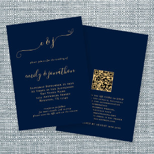Elegant Script Initialen Navy Gold QR Code Weddens Kaart