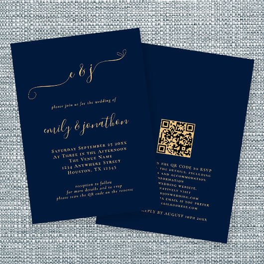 Elegant Script Initialen Navy Gold QR Code Weddens Kaart
