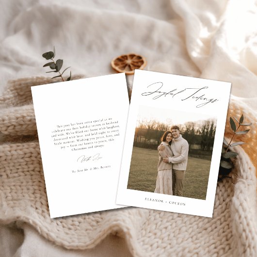 Elegant Script Joyful Tiding Boho Newlywed Photo Feestdagenkaart