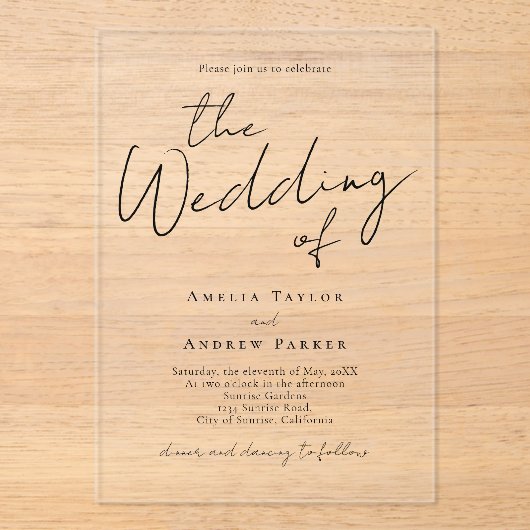 Elegant script kalligrafie eenvoudige formele brui acryl uitnodigingen (Voorkant)