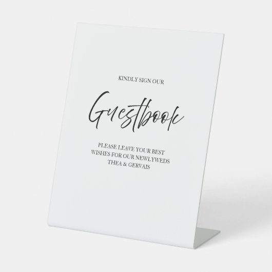 Elegant Script Kalligrafie Gastenboek Wit Bruiloft Reclamebord Met Voetstuk (Voorkant)