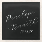 Elegant Script Kalligrafie Huwelijk Custom Black Glazen Onderzetter (Voorkant)