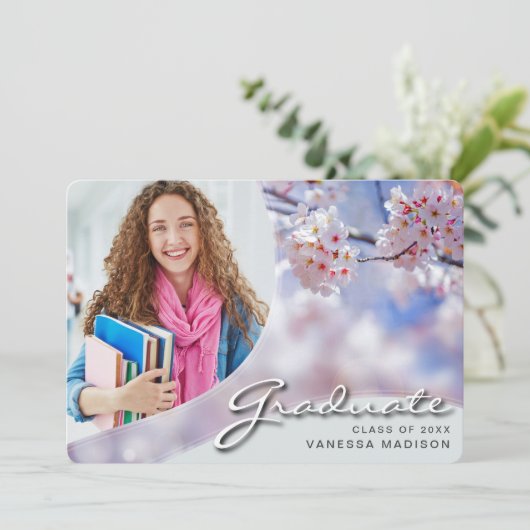 Elegant Script Kersenbloesem | Modern Fotograduati Aankondiging (Staand voorkant)