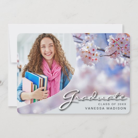 Elegant Script Kersenbloesem | Modern Fotograduati Aankondiging (Voorkant)