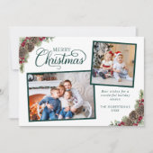 Elegant script kerst botanische 2 foto groen feestdagenkaart (Voorkant)