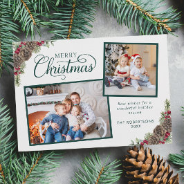 Elegant script kerst botanische 2 foto groen feestdagenkaart