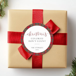 Elegant Script Kerst Colorieën Plaid Tartan Ronde Sticker