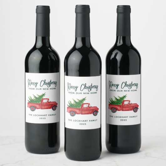 Elegant script Kerst Rode Truck Vakantie Wijn Etiket (Flessen)