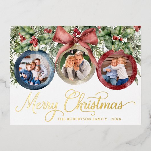 Elegant Script-kerstfoto's voor sierdoeleinden Gol Folie Feestdagen Briefkaart (Voorkant)
