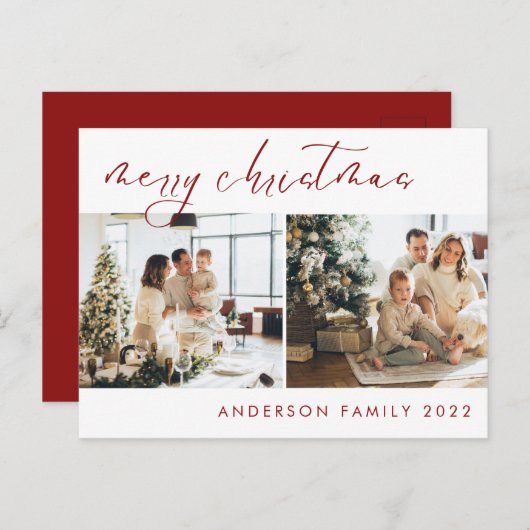 Elegant Script-kerstgroet | Rood Briefkaart (Voorkant / Achterkant)