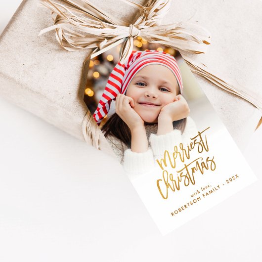 Elegant script Kerstmis foto vakantie Cadeaulabel
