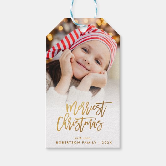 Elegant script Kerstmis foto vakantie Cadeaulabel (Voorkant)