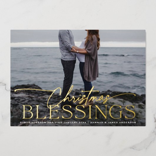 Elegant Script Kerstmis Zegeningen Zwangerschap Folie Feestdagenkaart (Voorkant)