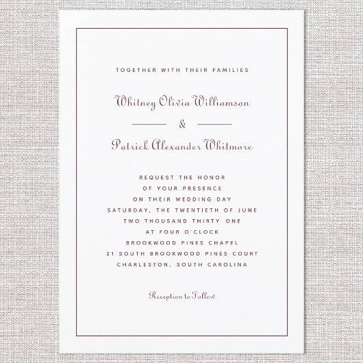 Elegant Script Klassiek Bourgondië Formele Bruilof Kaart