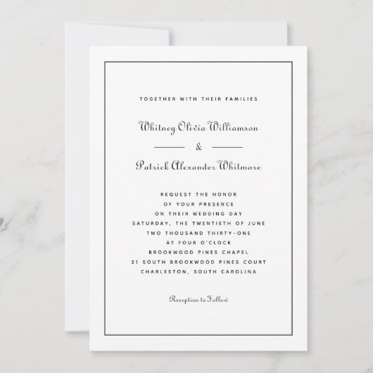 Elegant Script Klassiek Wit Zwart Formele Bruiloft Kaart (Voorkant)