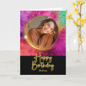 Elegant Script Kleurrijke Glitter Foto Verjaardag Kaart (Gele Bloem)