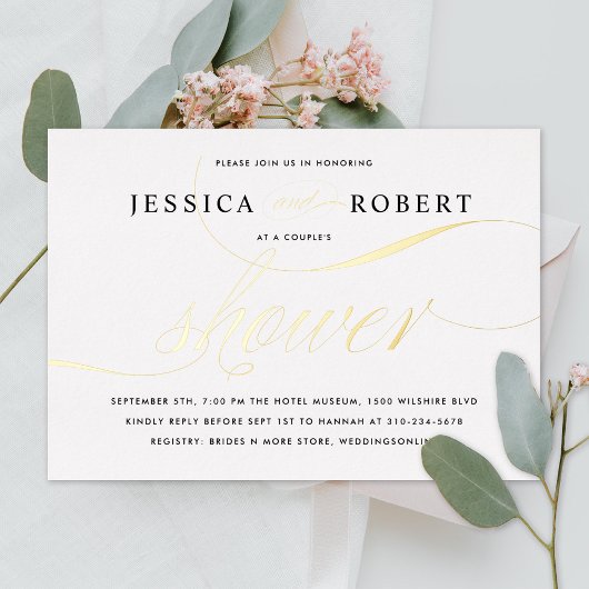 Elegant Script Koppel Bruiloft Goud Folie Uitnodiging