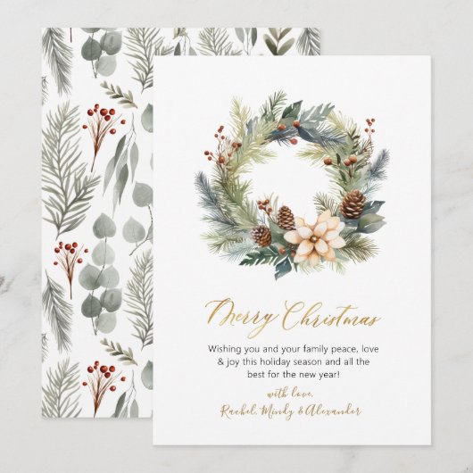 Elegant Script Krans Groen Kerstmis Kaart (Voorkant / Achterkant)