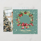 Elegant Script Krans Groene Foto Vrolijk Kerstfees Feestdagenkaart (Voorkant / Achterkant)