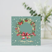 Elegant Script Krans Groene Foto Vrolijk Kerstfees Feestdagenkaart (Staand voorkant)
