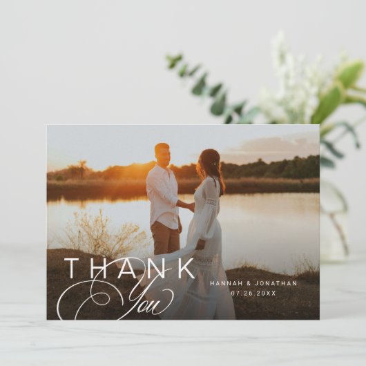 Elegant Script Landschap Trouwfoto Bedankkaart (Staand voorkant)