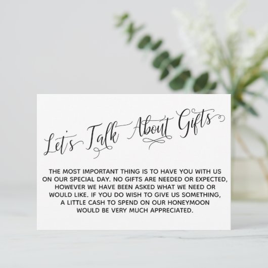 Elegant Script Laten we het hebben over Gifts Wedd Informatiekaartje (Staand voorkant)