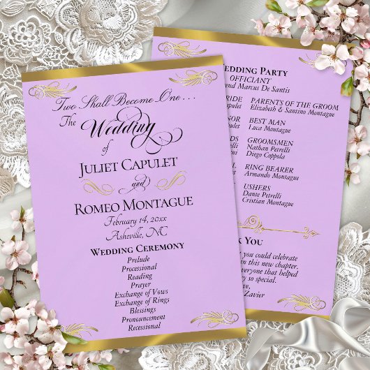 Elegant Script - Lavendel/Goud Huwelijk Programmakaart