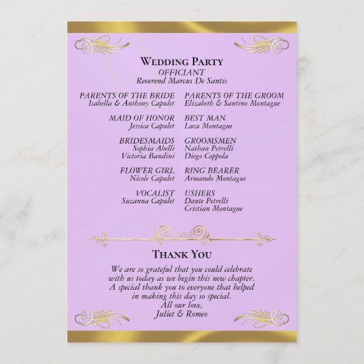 Elegant Script - Lavendel/Goud Huwelijk Programmakaart (Achterkant)